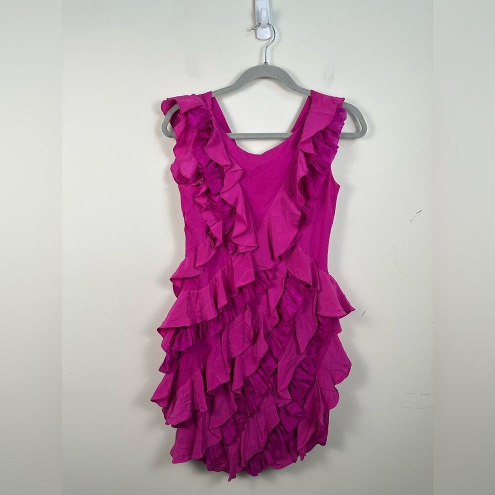 Marchesa Notte Mini Dress Women 6 Fuchsia Silk Excellent Ruffle Sheath 0736